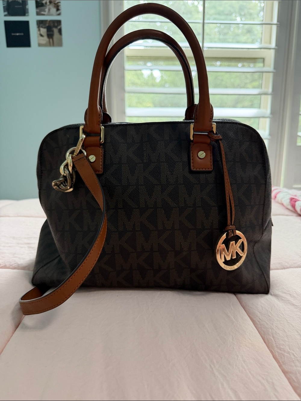 Michael Kors Brown MK Logo Dome Satchel with Tan Leather Trim